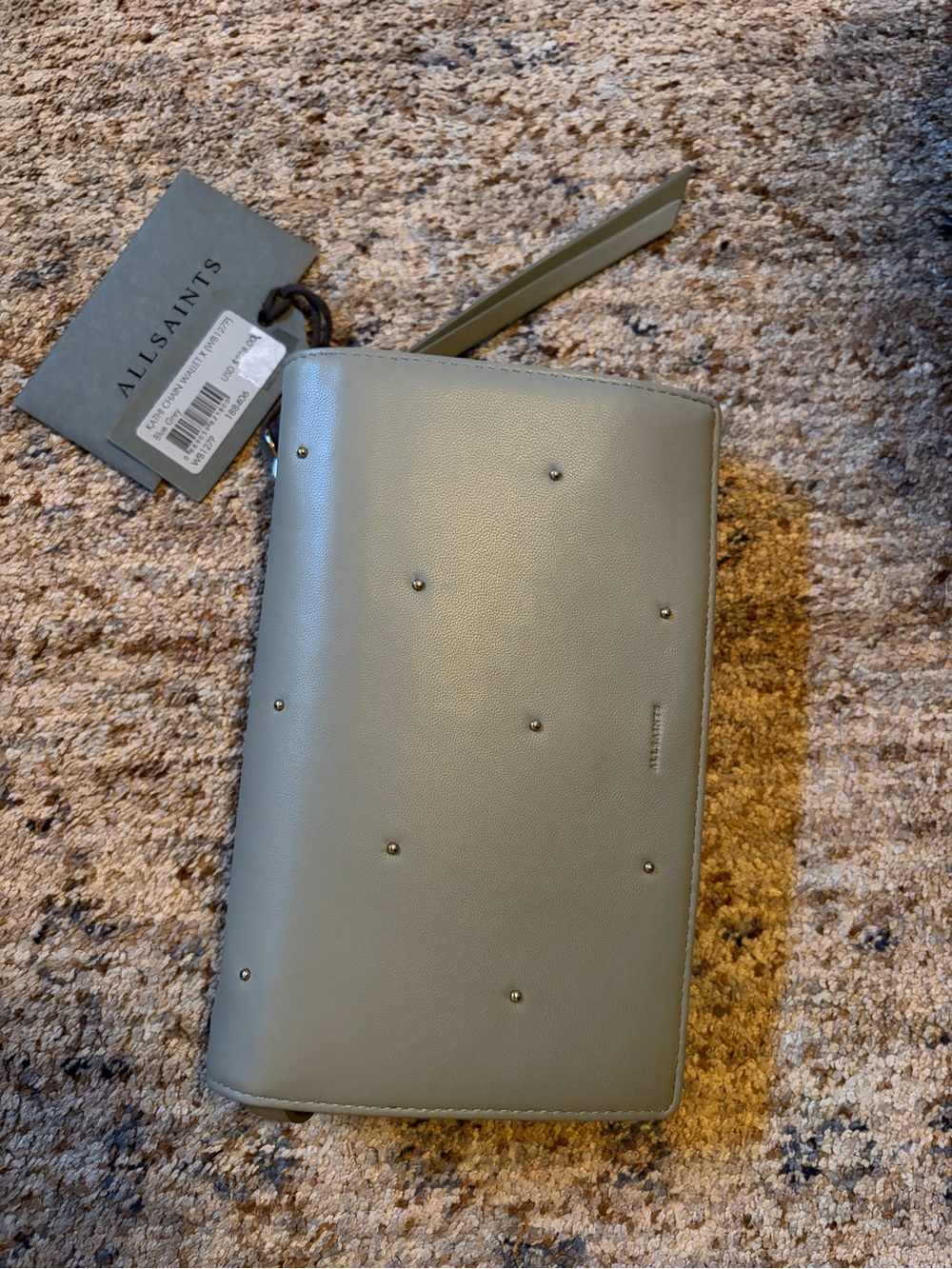 AllSaints Olive Green Leather Zip wallet/crossbody with Stud Detail